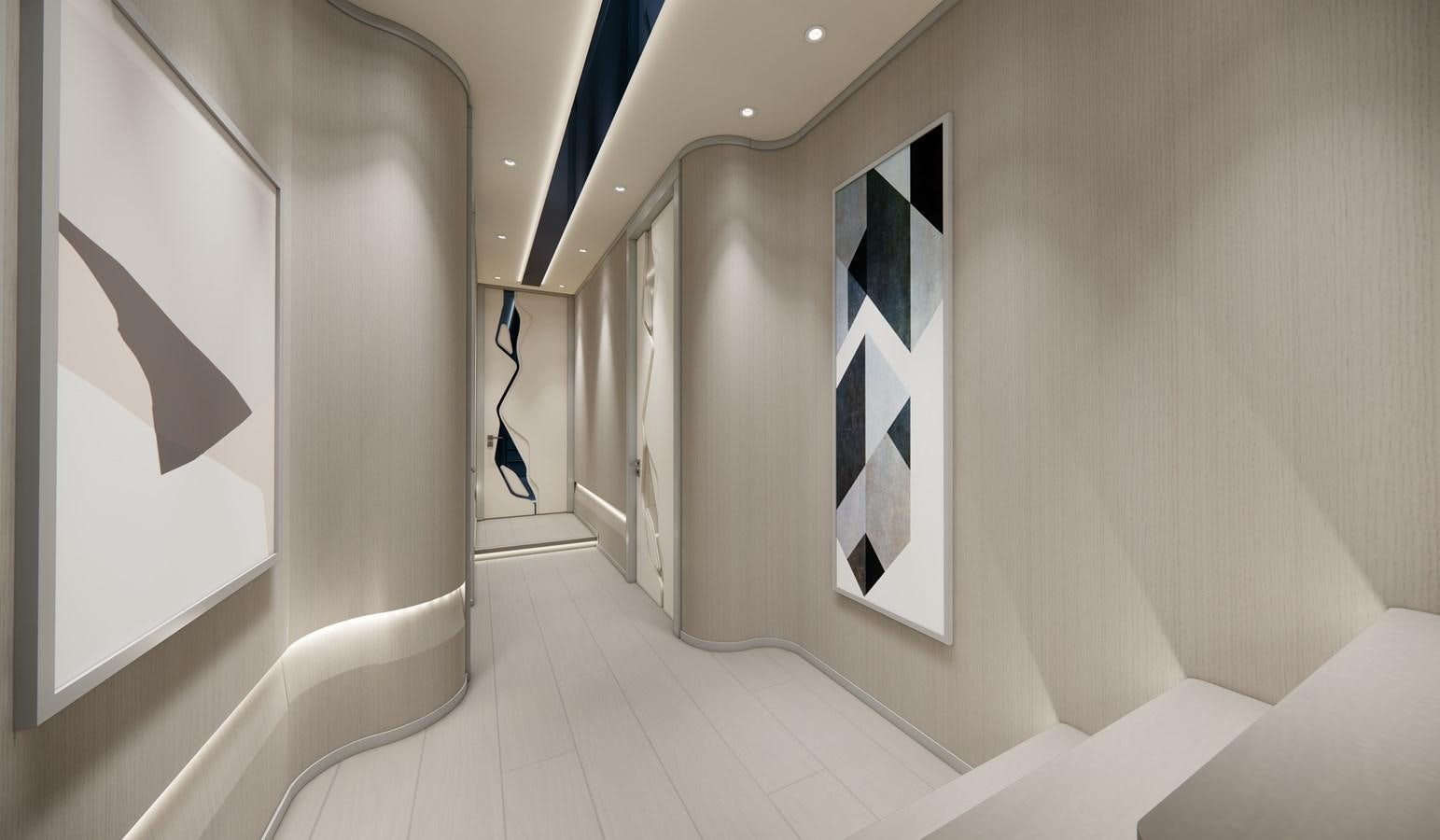 a room with white walls and a black framed picture on the wall aboard BOA KINGDOM Yacht for Sale