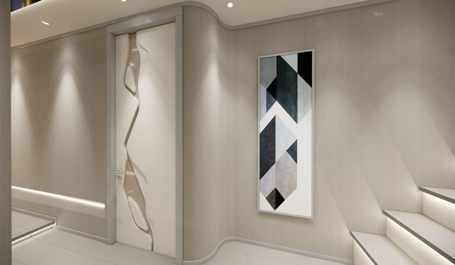 a white wall with a black and white sign on it aboard BOA KINGDOM Yacht for Sale