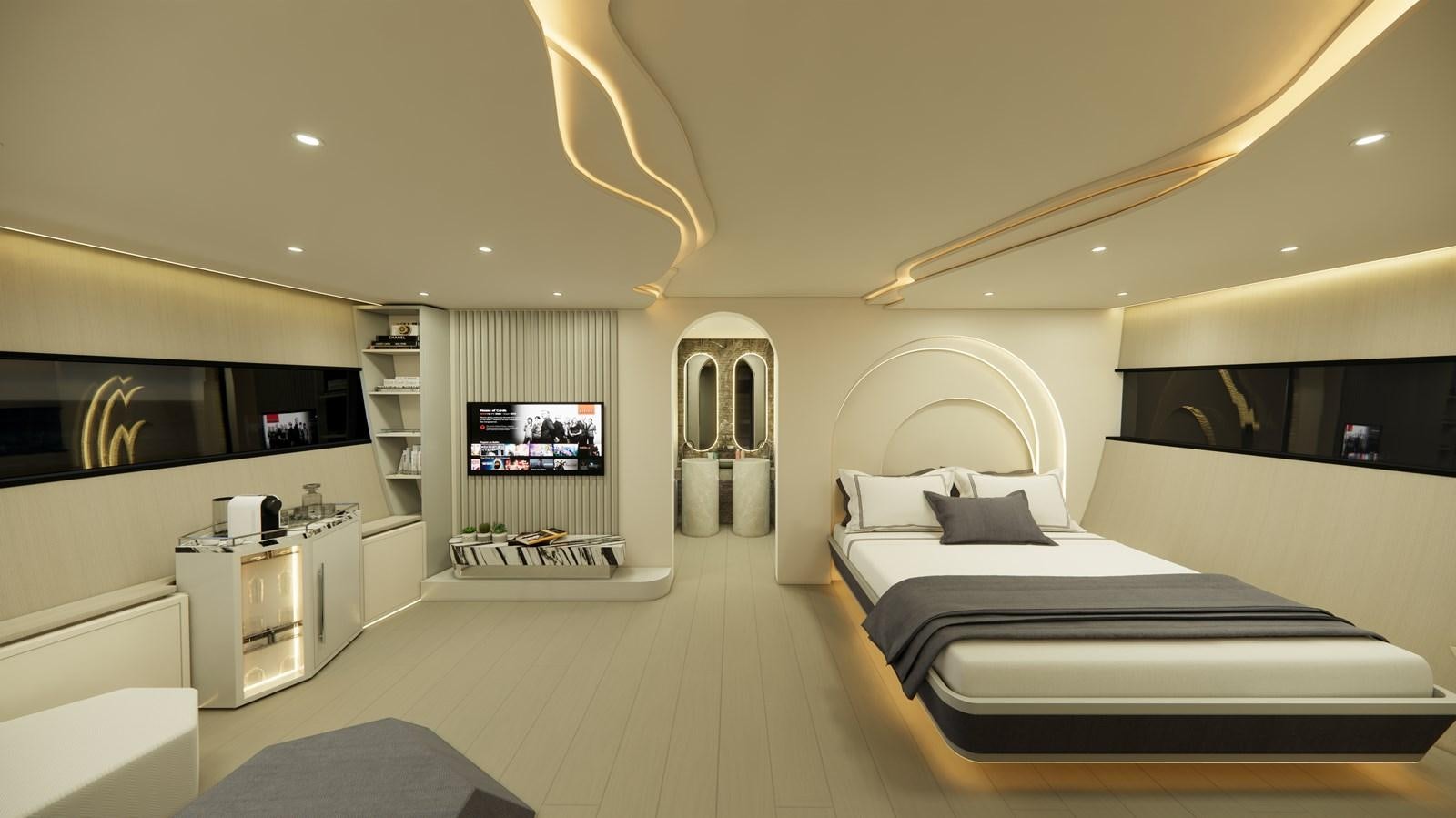 a large room with a bed and a tv aboard BOA KINGDOM Yacht for Sale