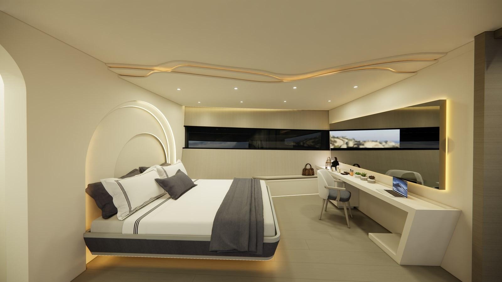 a room with a bed and desk aboard BOA KINGDOM Yacht for Sale
