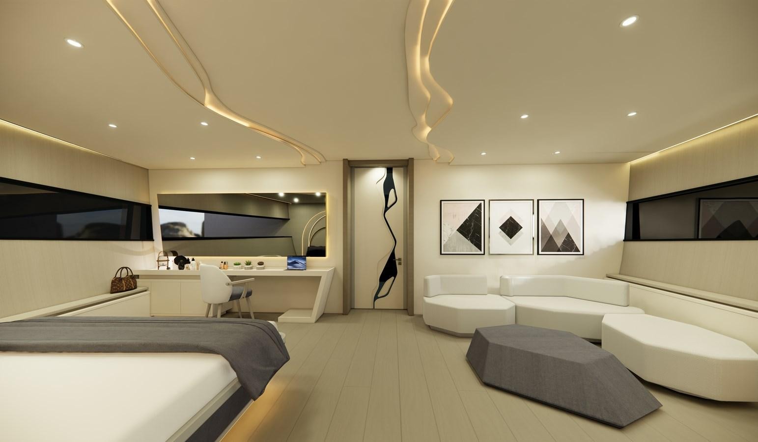 a room with white couches aboard BOA KINGDOM Yacht for Sale