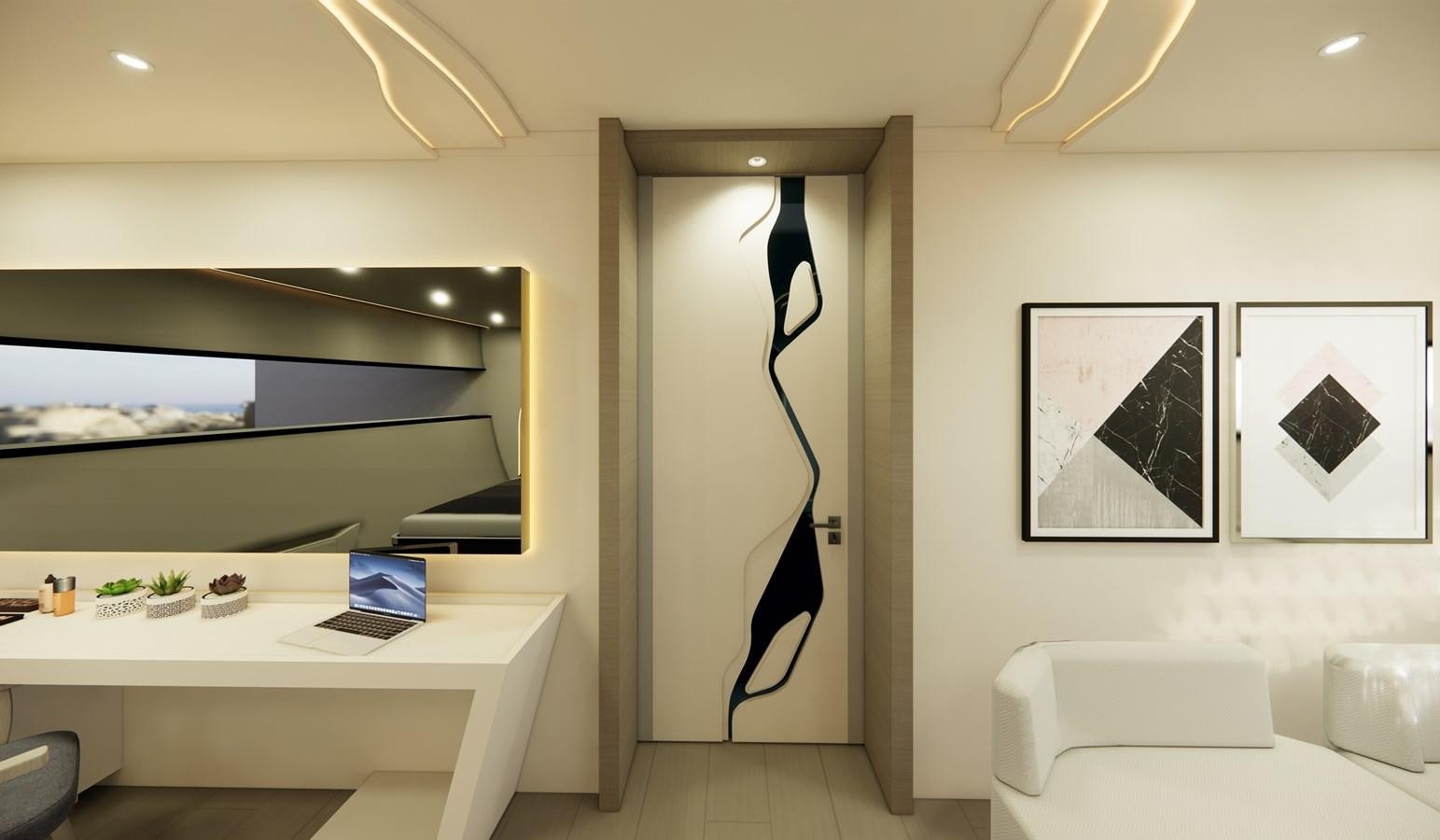 a room with a desk and a television aboard BOA KINGDOM Yacht for Sale