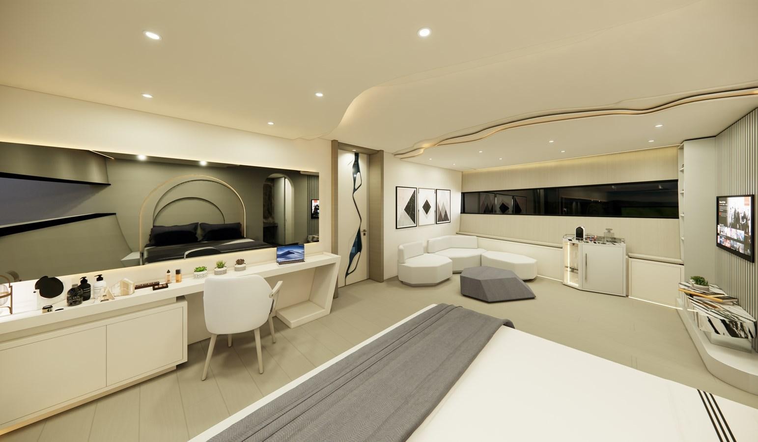 a large room with a large white counter and chairs aboard BOA KINGDOM Yacht for Sale