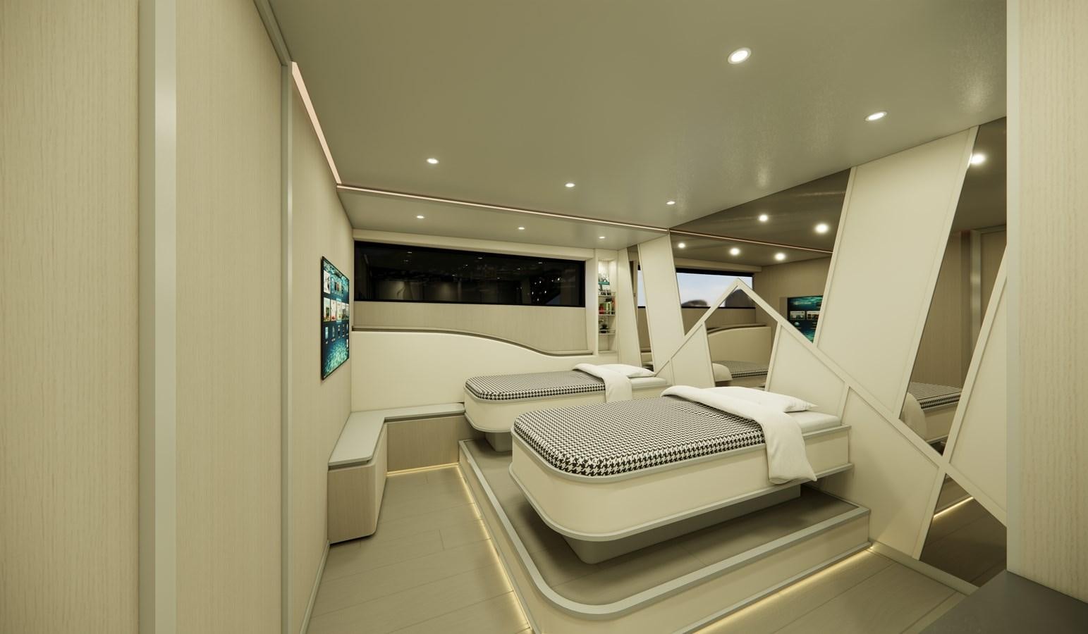 a room with a bed and a mirror aboard BOA KINGDOM Yacht for Sale