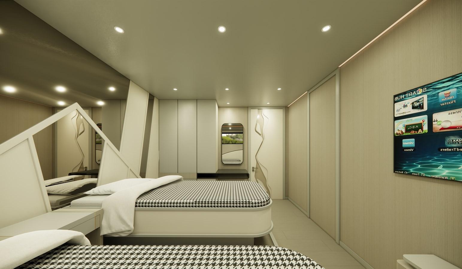 a room with a bed and a tv on the wall aboard BOA KINGDOM Yacht for Sale