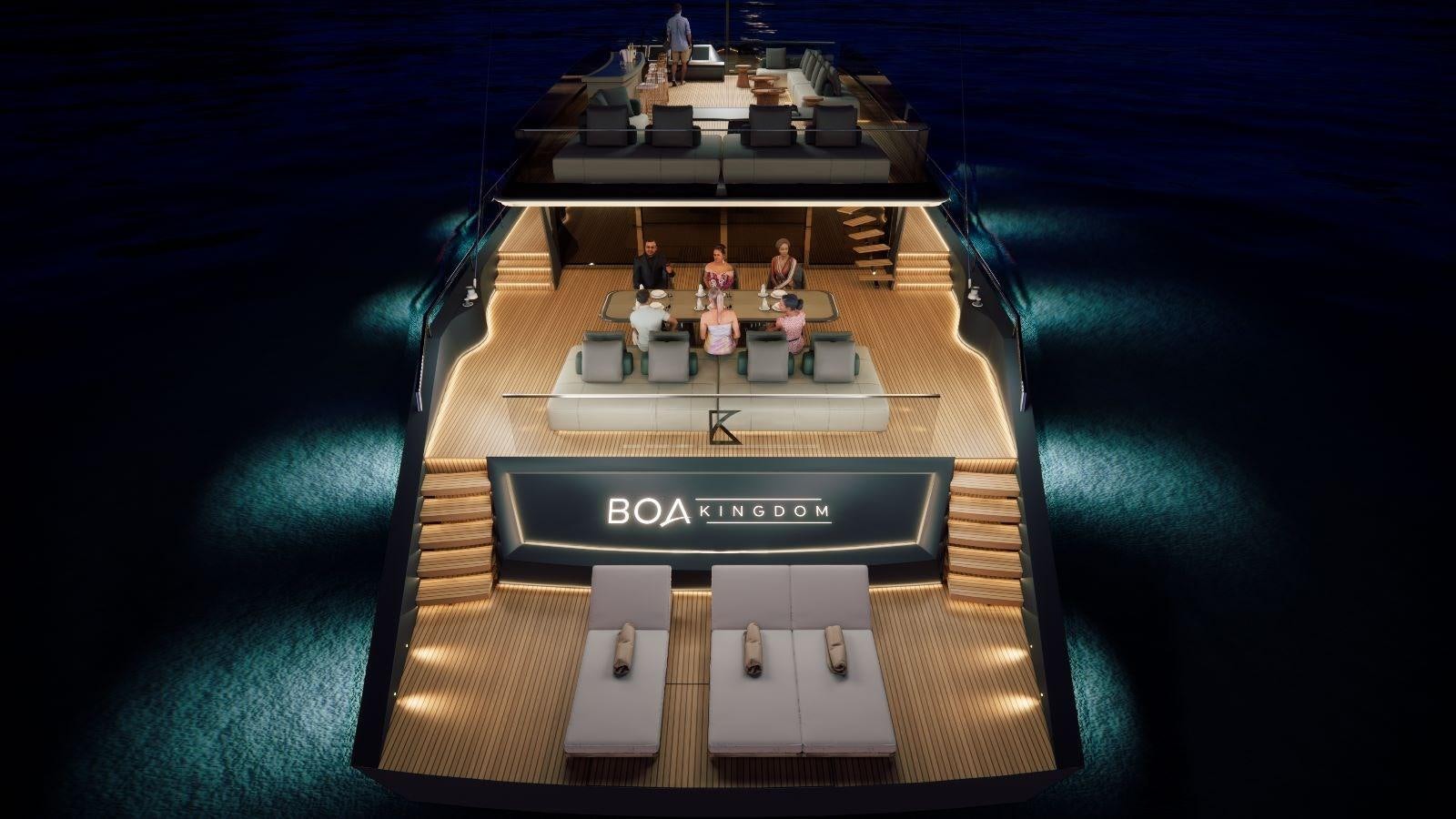 a group of people sitting around a table with laptops on it aboard BOA KINGDOM Yacht for Sale