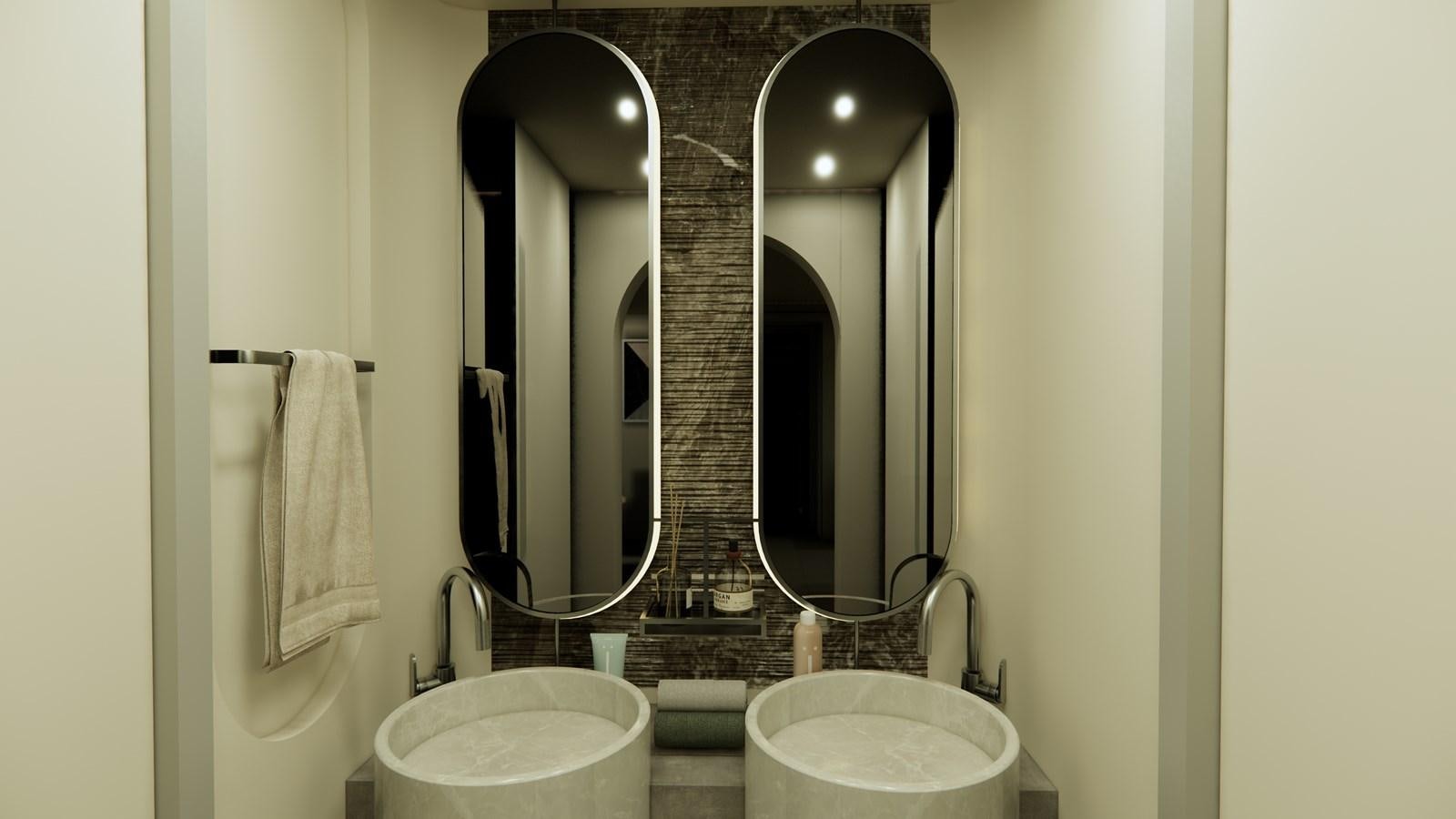 a bathroom with a large mirror aboard BOA KINGDOM Yacht for Sale