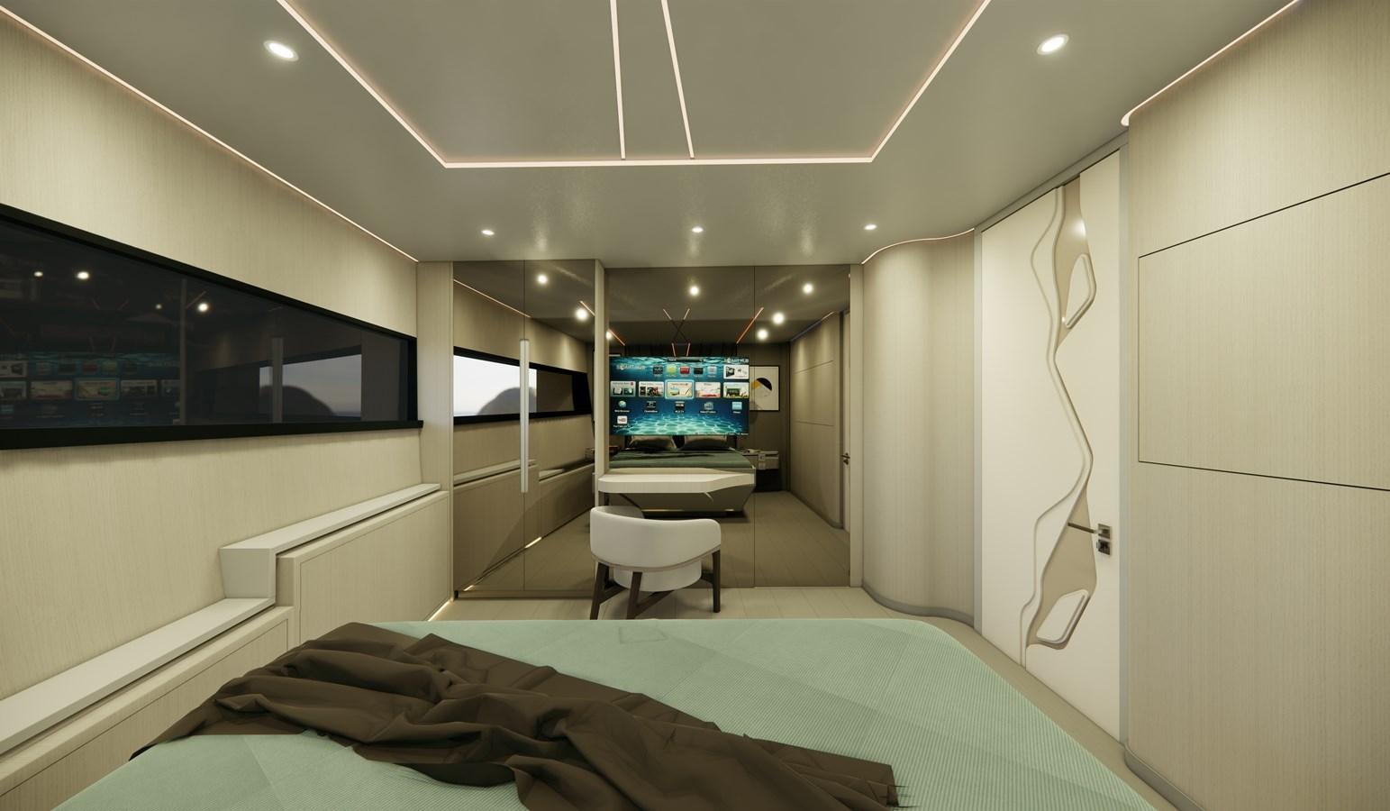a room with a bed and a tv on the wall aboard BOA KINGDOM Yacht for Sale