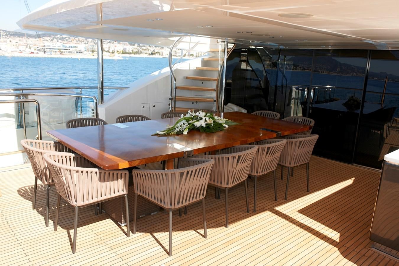 a table set for a meal on a deck overlooking a large body of water aboard IMPERIAL PRINCESS BEATRICE Yacht for Sale
