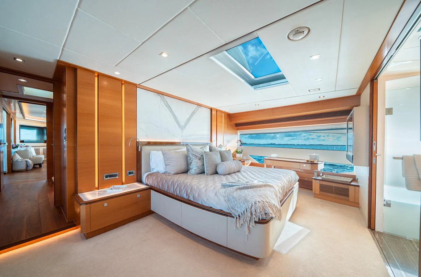 a large bedroom with a large bed aboard MIDNIGHT MOON Yacht for Sale