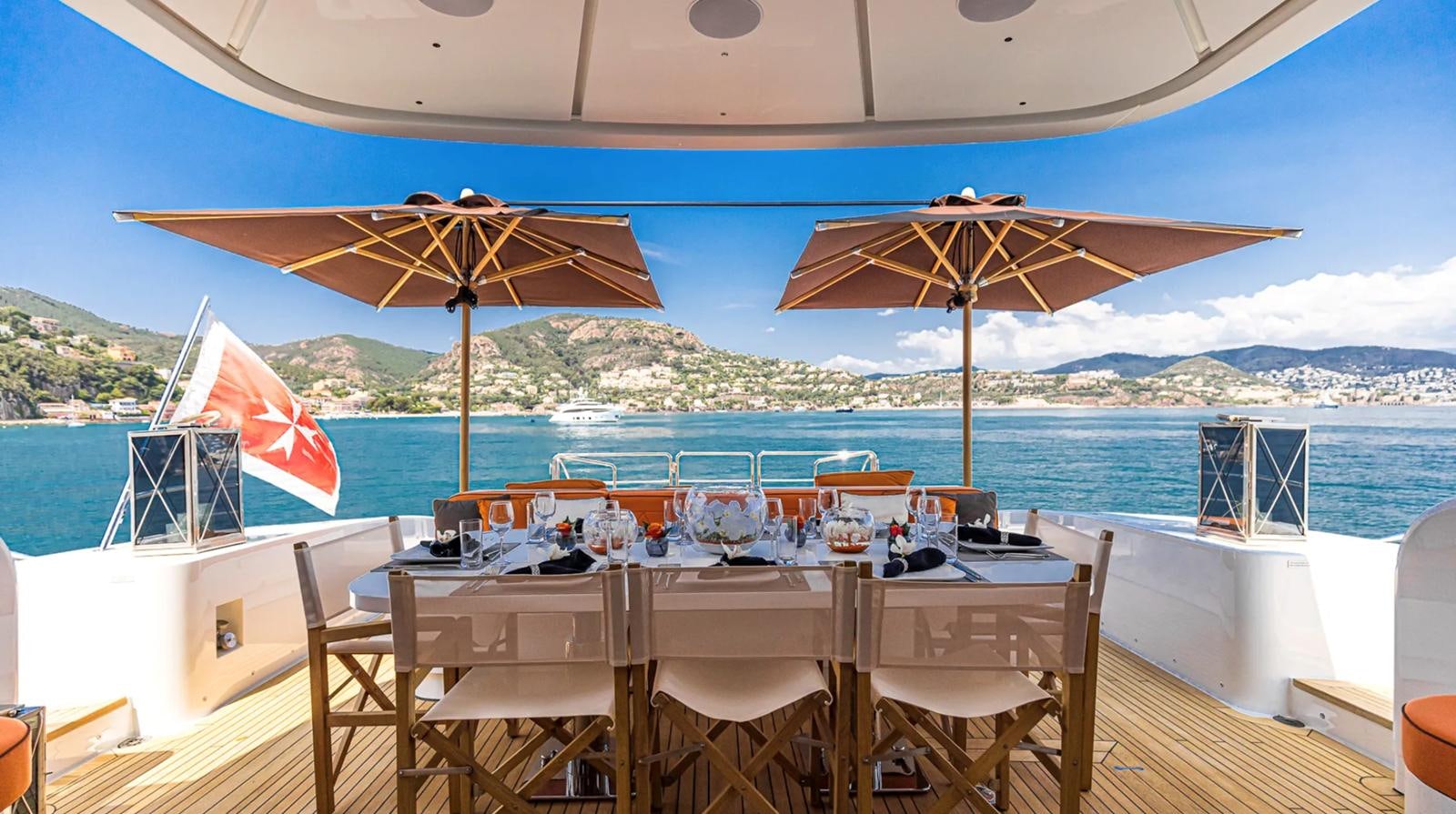 a table set up on a boat aboard SVEA Yacht for Sale