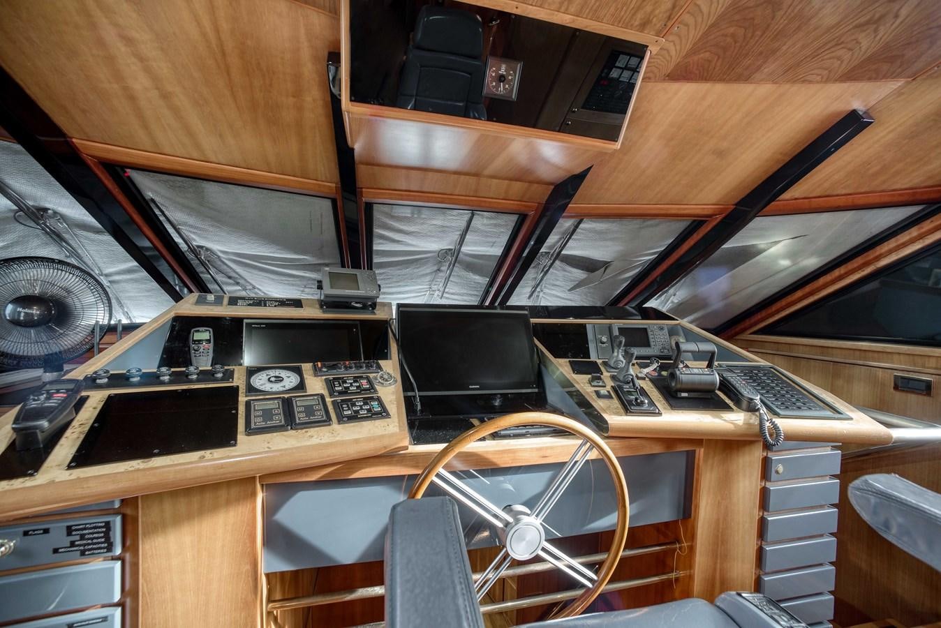 a wooden desk with a computer and other electronic devices aboard BLUE SYMPHONIE Yacht for Sale