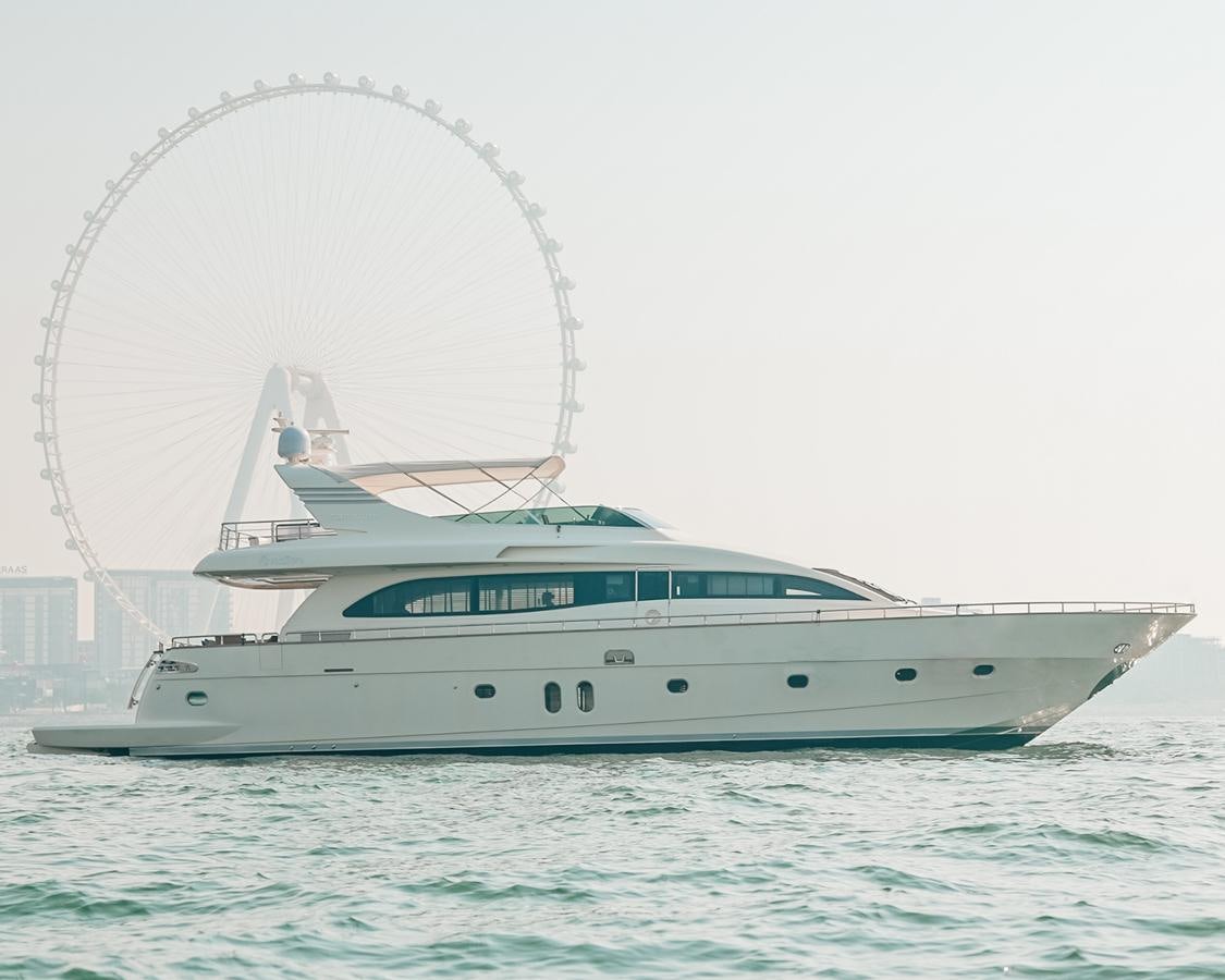 a white boat in the water aboard 2008 CANADOS 76 Yacht for Sale