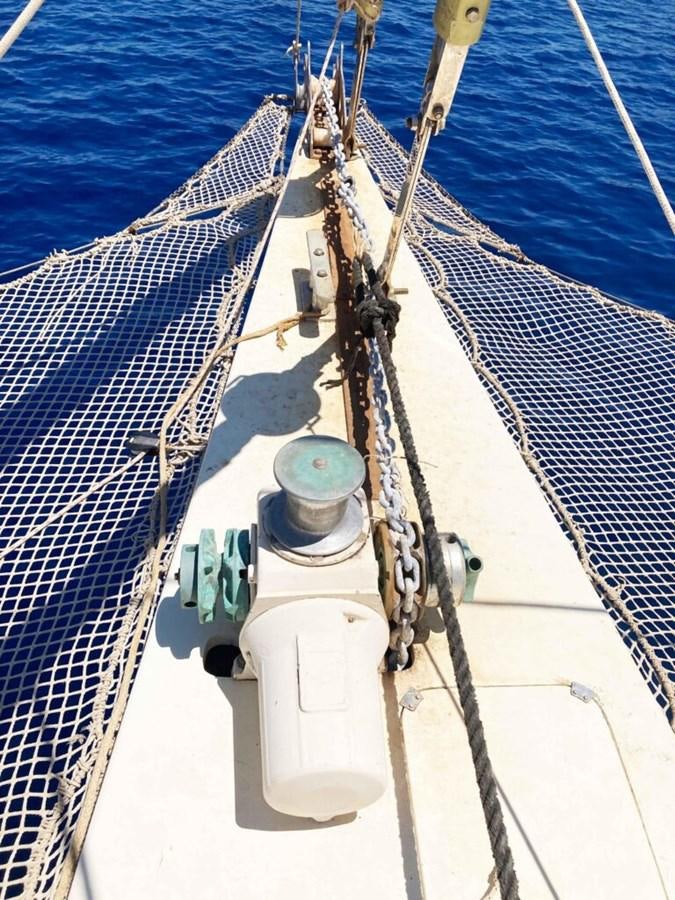 a white boat with blue water aboard CONAN Yacht for Sale