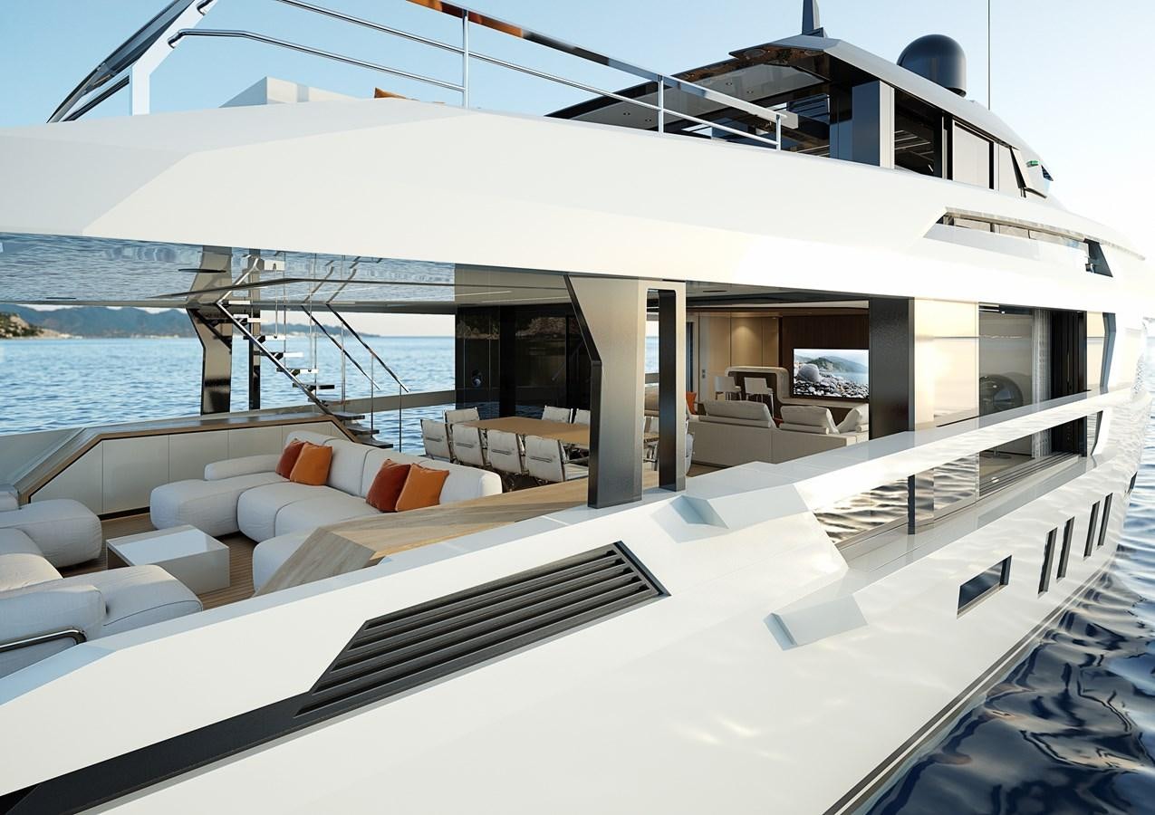 a large white building with a pool aboard TRIBALE YACHTS Yacht for Sale
