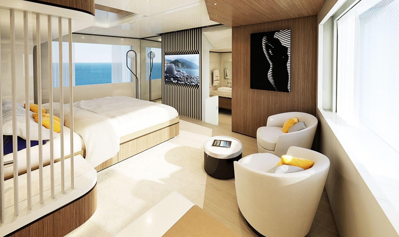 a room with a bed and a chair aboard TRIBALE YACHTS Yacht for Sale