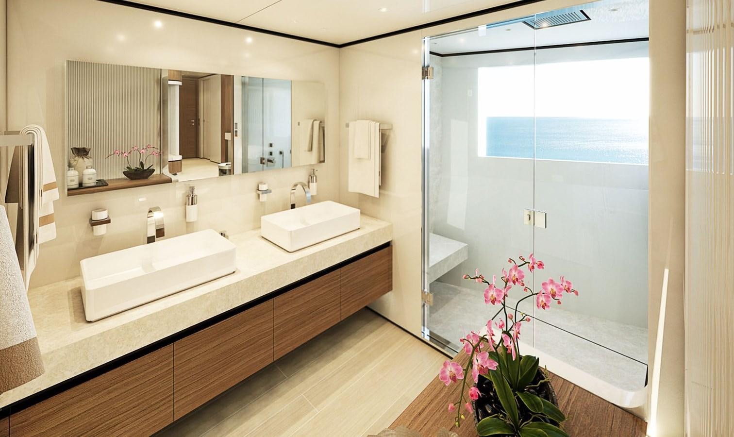 a bathroom with a large mirror aboard TRIBALE YACHTS Yacht for Sale