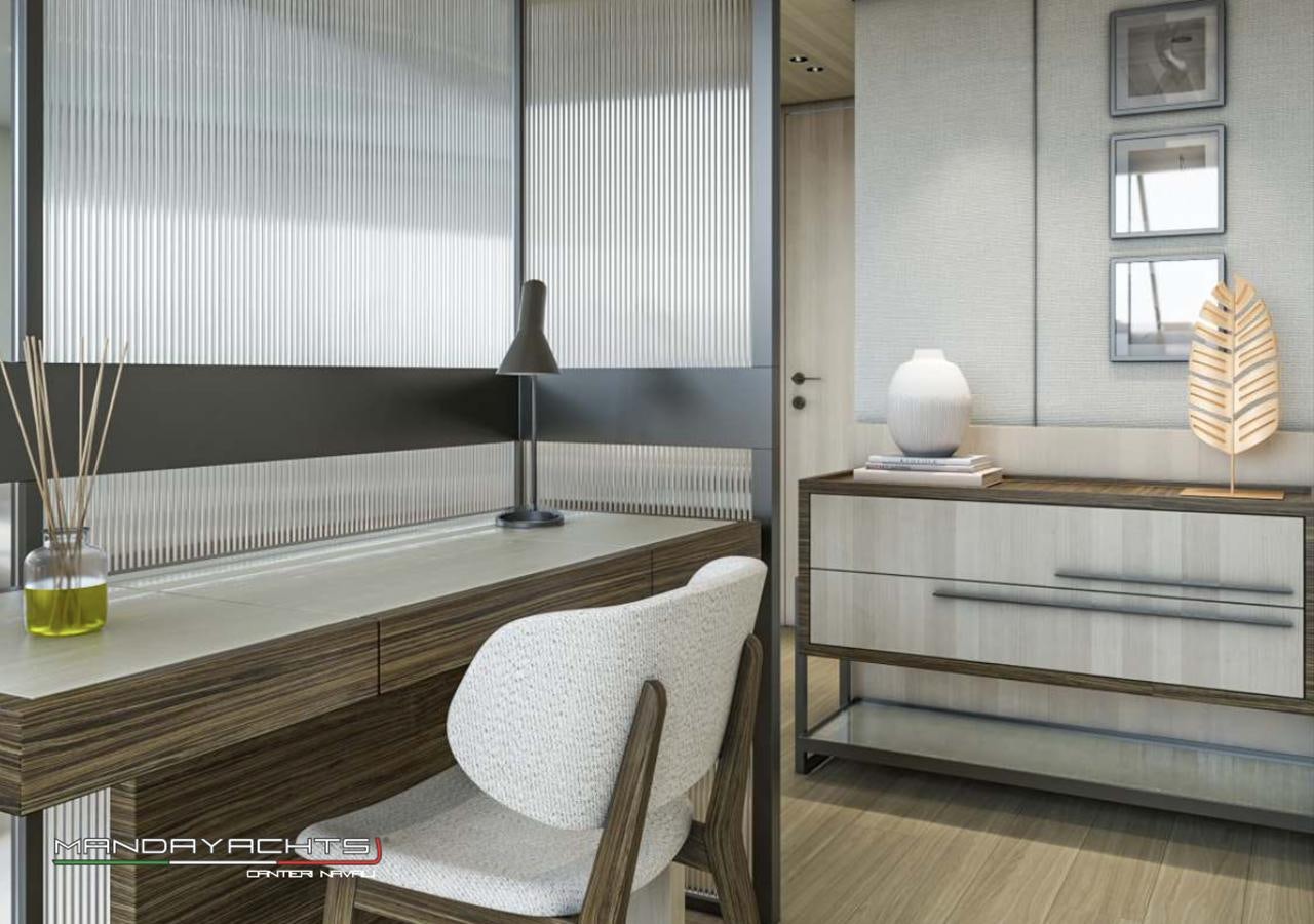 a room with a bed and a chair aboard MANDA  S09 Yacht for Sale