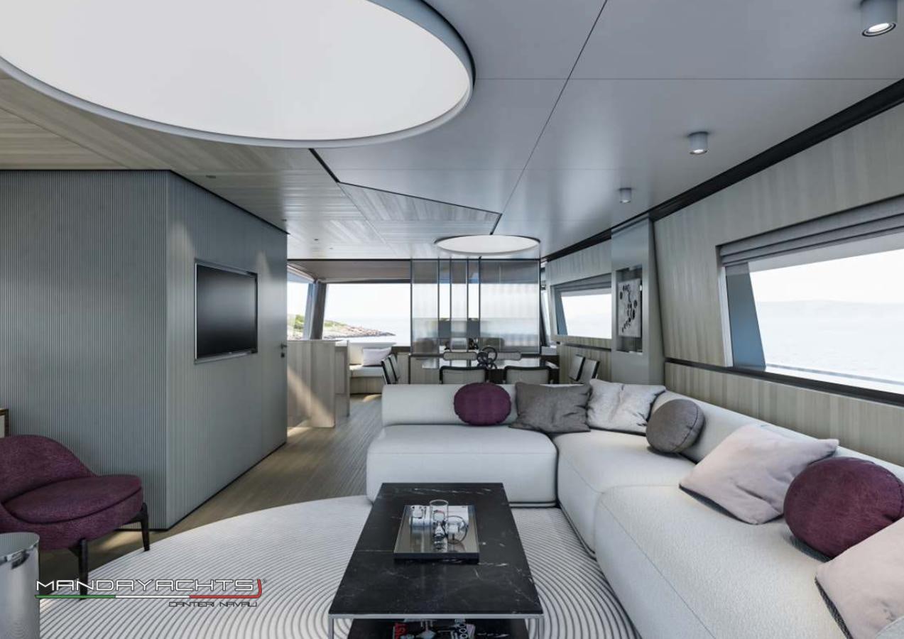 a living room with a large window aboard MANDA  S09 Yacht for Sale