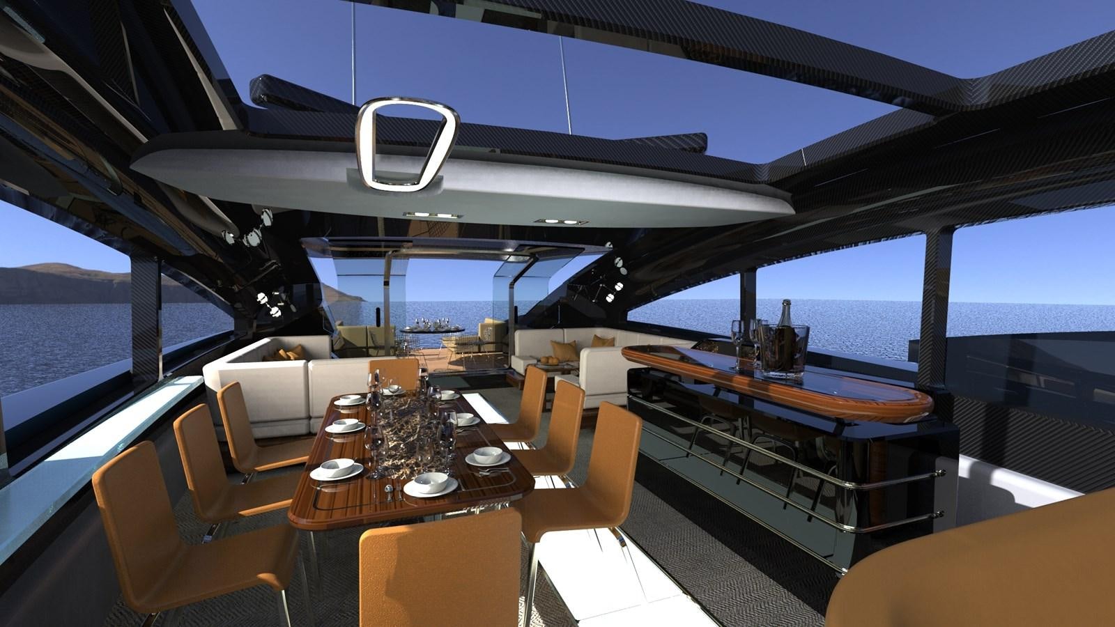 inside of a boat with a table and chairs and a large window aboard BLUPHIRE Yacht for Sale