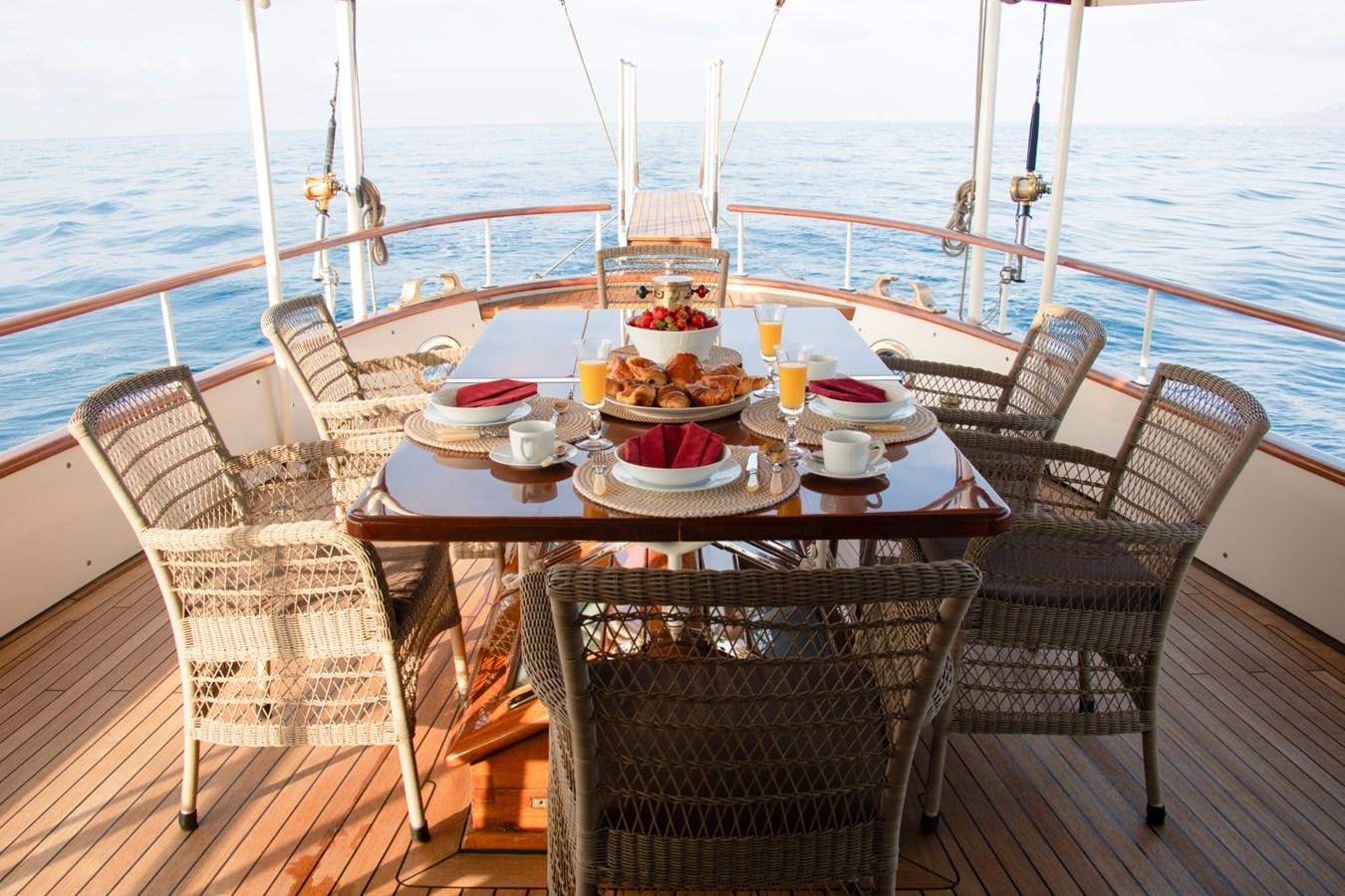 a table with food on it aboard LADY HERTHA Yacht for Sale