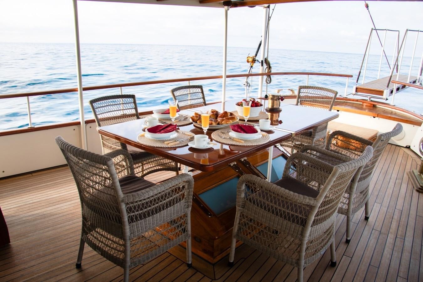 a table with food on it aboard LADY HERTHA Yacht for Sale