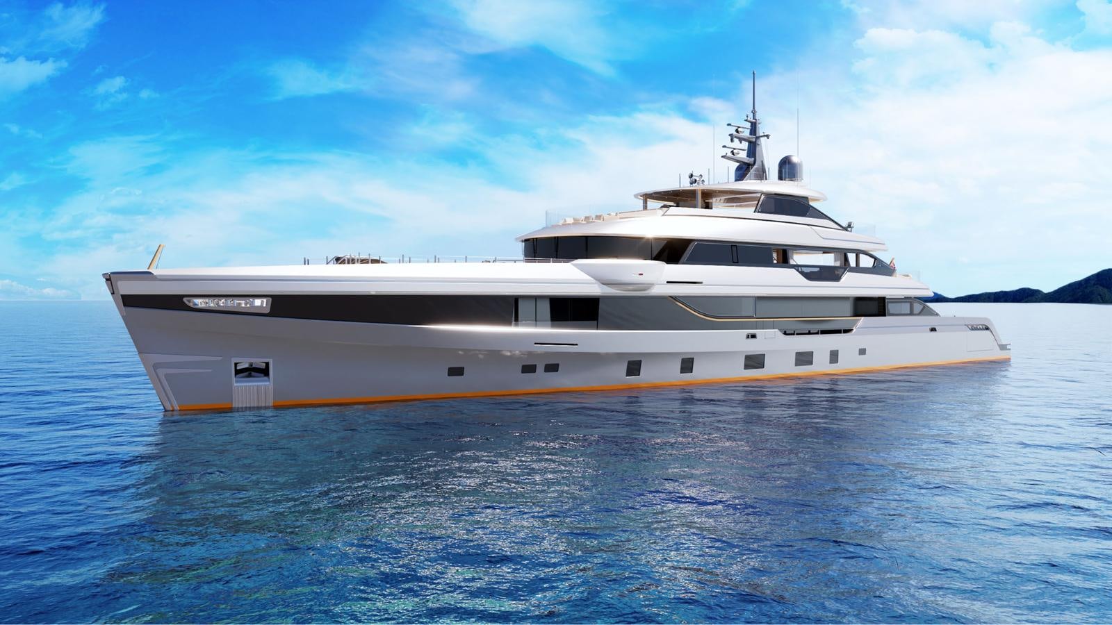 a large white boat in the water aboard PANORAMA 53M Yacht for Sale