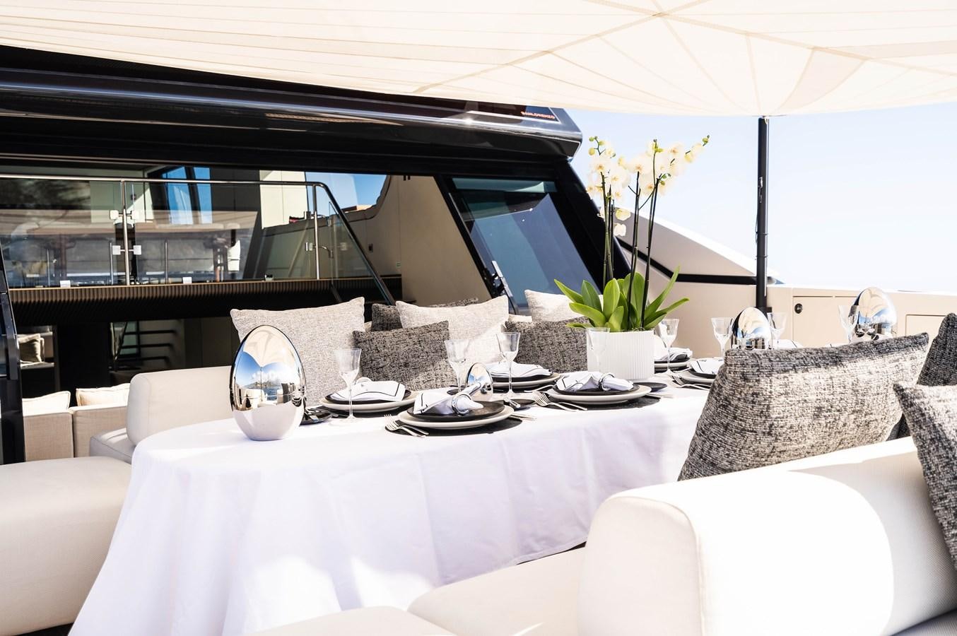 a table with plates and cups on it aboard ANMAX Yacht for Sale