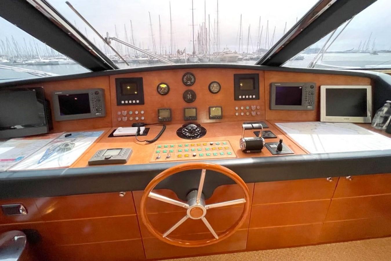 a wooden boat with a compass on it aboard VIDA LOCA Yacht for Sale