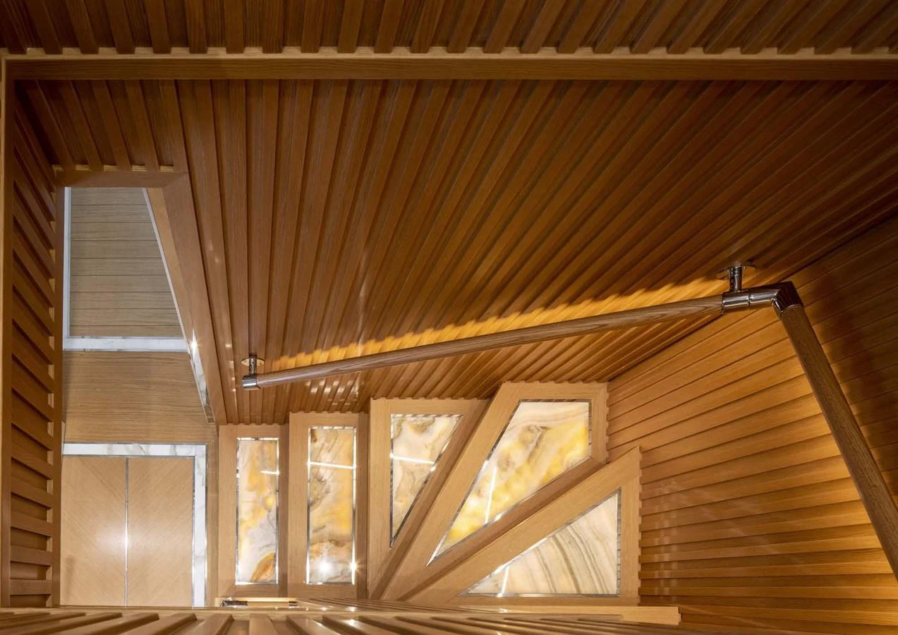 a wooden ceiling with a window aboard DOMENIKA Yacht for Sale