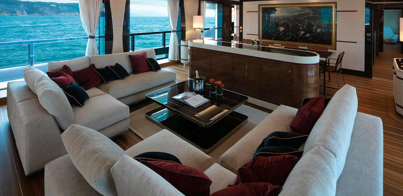 a living room with a large tv aboard EL LEON Yacht for Sale