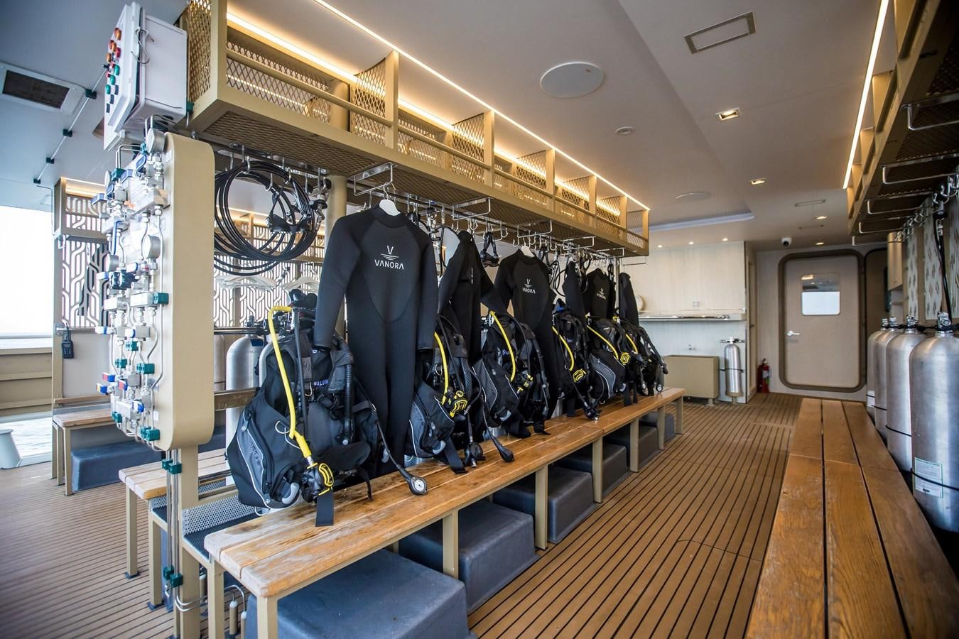 a room with a rack of coats and hats on the wall aboard VANORA Yacht for Sale
