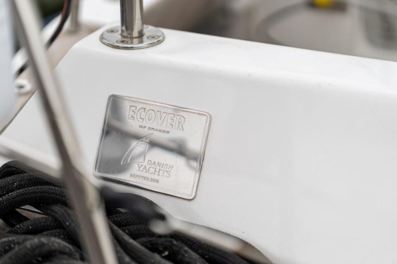 a white sink with a label on it aboard ECOVER OF SKAGEN Yacht for Sale