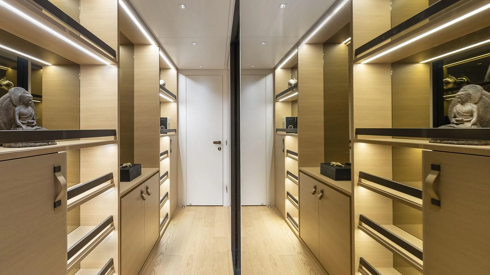 a room with a wood floor and cabinets and a wood floor aboard GATSBY Yacht for Sale