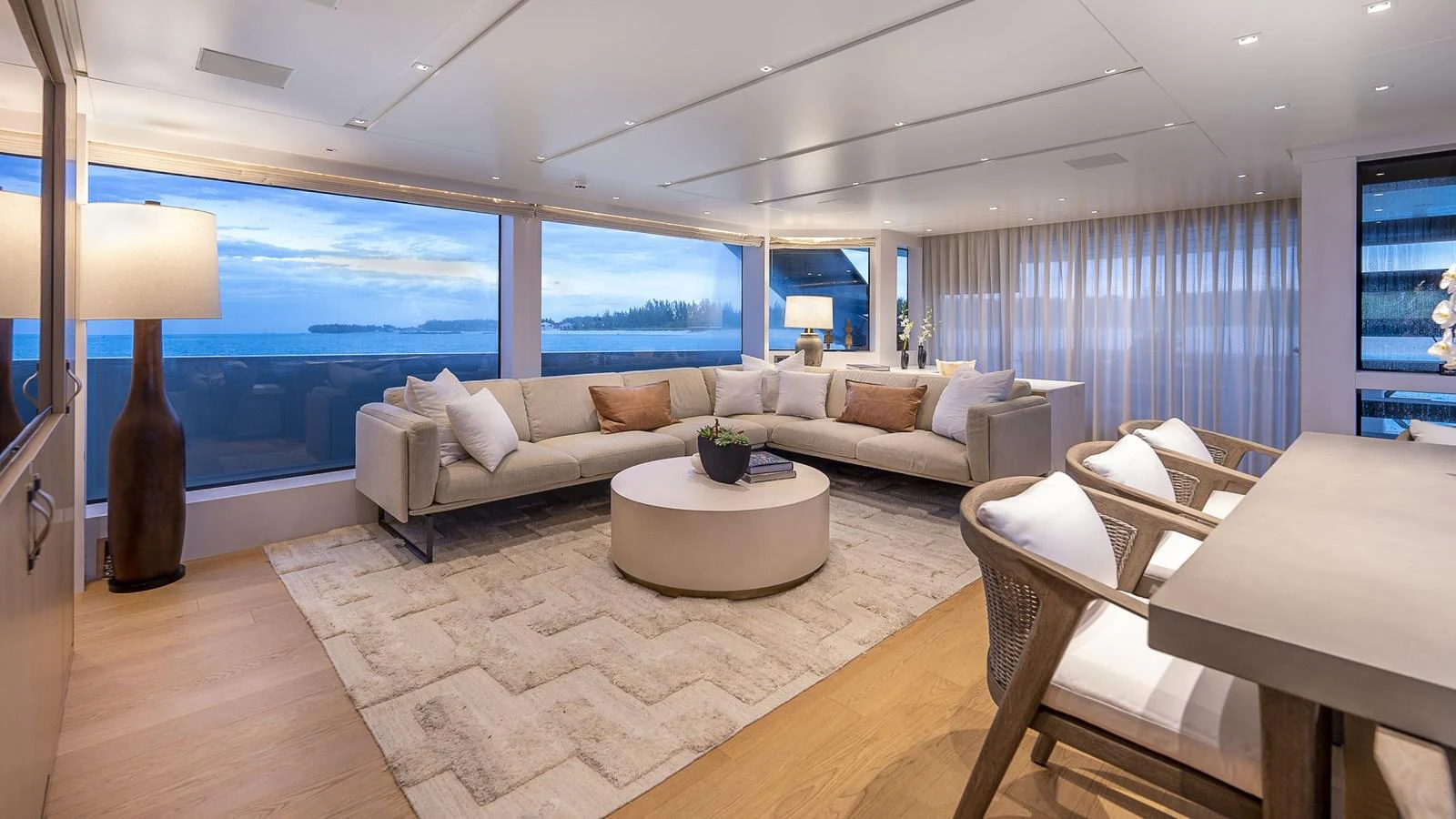 a living room with a large window aboard GATSBY Yacht for Sale