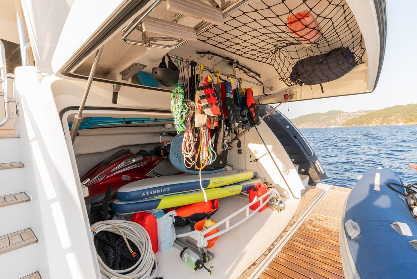 a boat with various objects on it aboard ROUND MIDNIGHT Yacht for Sale