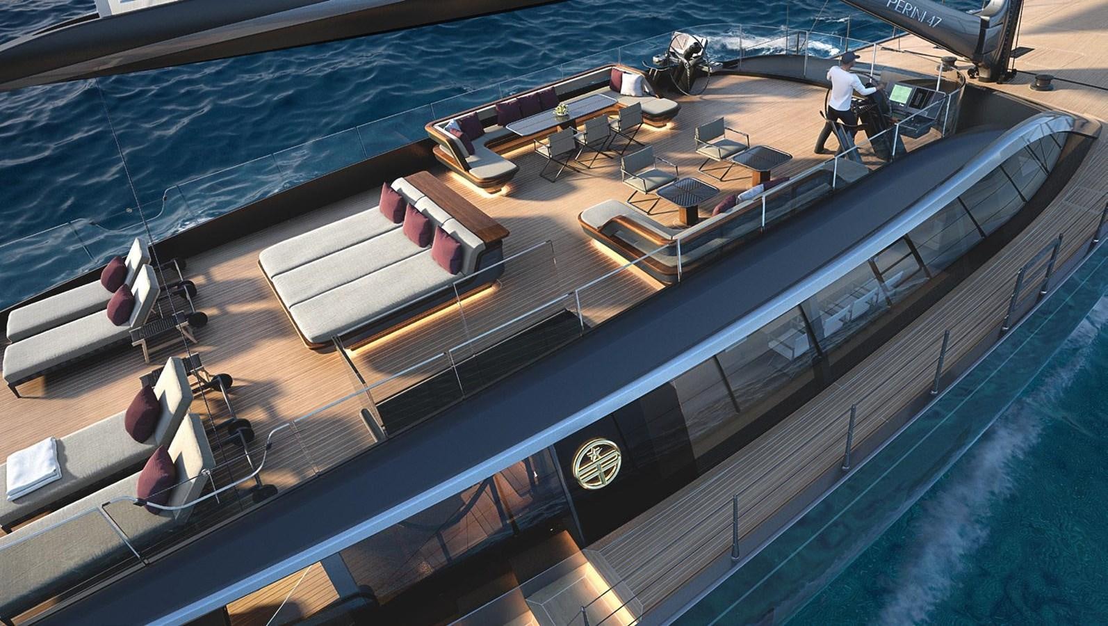 a person working on a model ship aboard PERINI NAVI 47M SLOOP Yacht for Sale