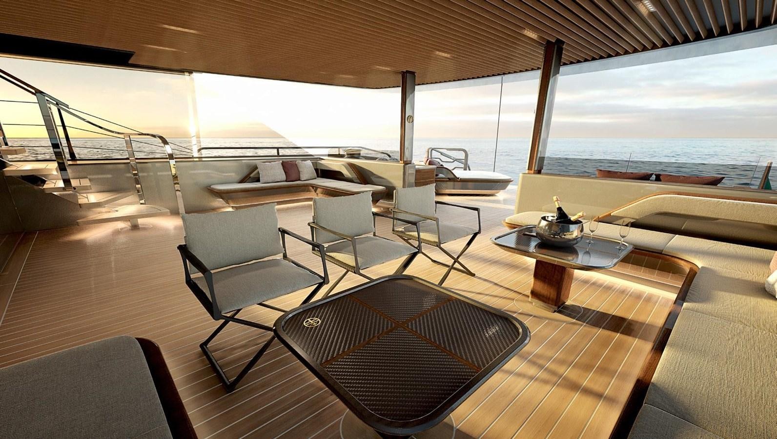 a room with a table chairs and a large window aboard PERINI NAVI 47M SLOOP Yacht for Sale