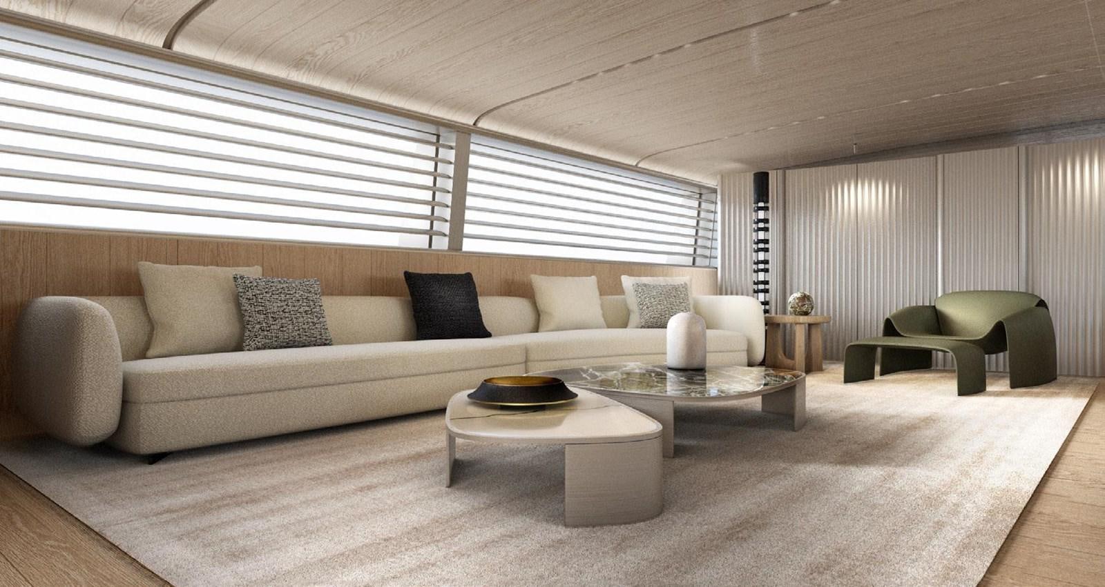 a living room with a couch and a coffee table aboard PERINI NAVI 47M SLOOP Yacht for Sale