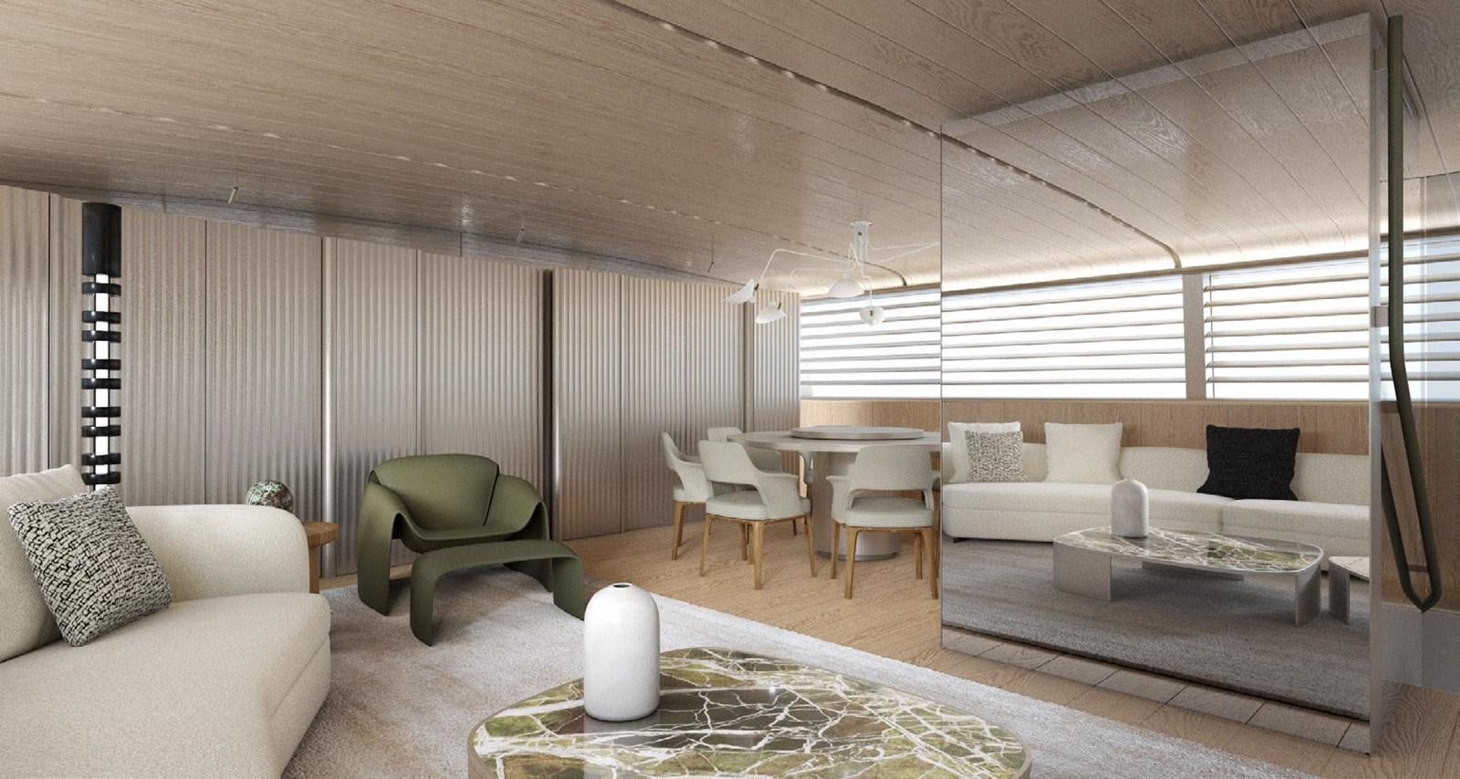 a living room with a large window aboard PERINI NAVI 47M SLOOP Yacht for Sale