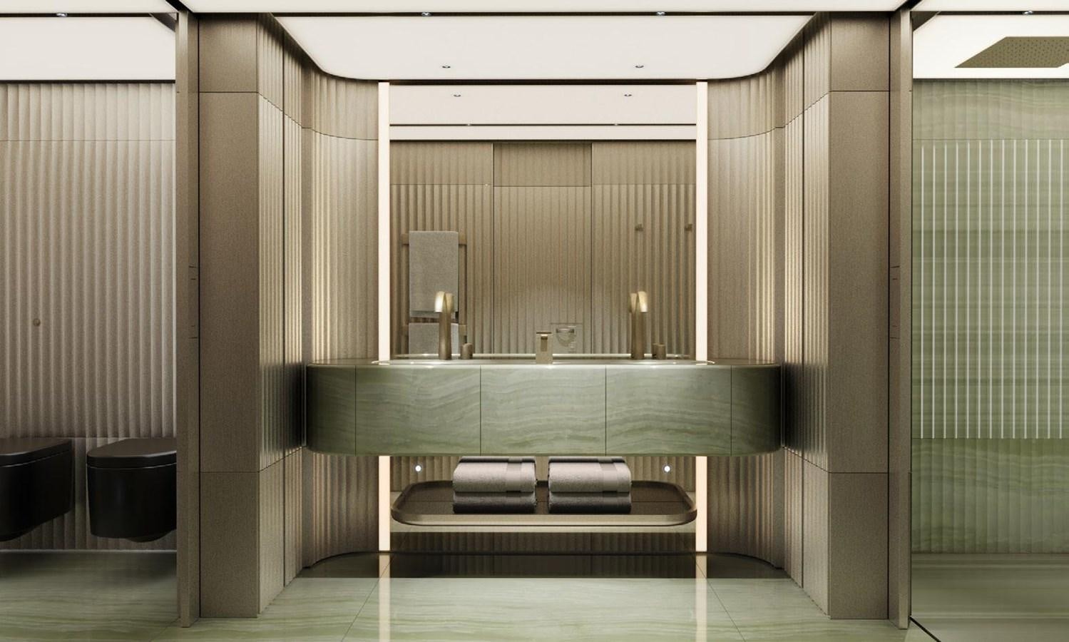 a bathroom with a tub and sinks aboard PERINI NAVI 47M SLOOP Yacht for Sale