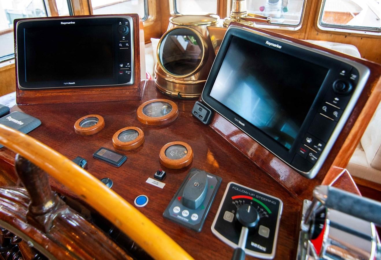 a desk with a television and various electronics on it aboard FOREVER Yacht for Sale