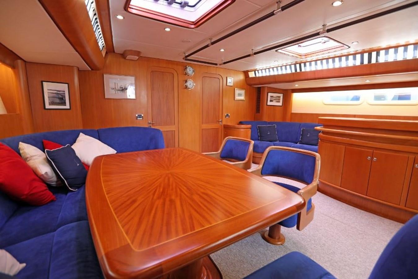 a room with a table and chairs aboard NIMROD Yacht for Sale