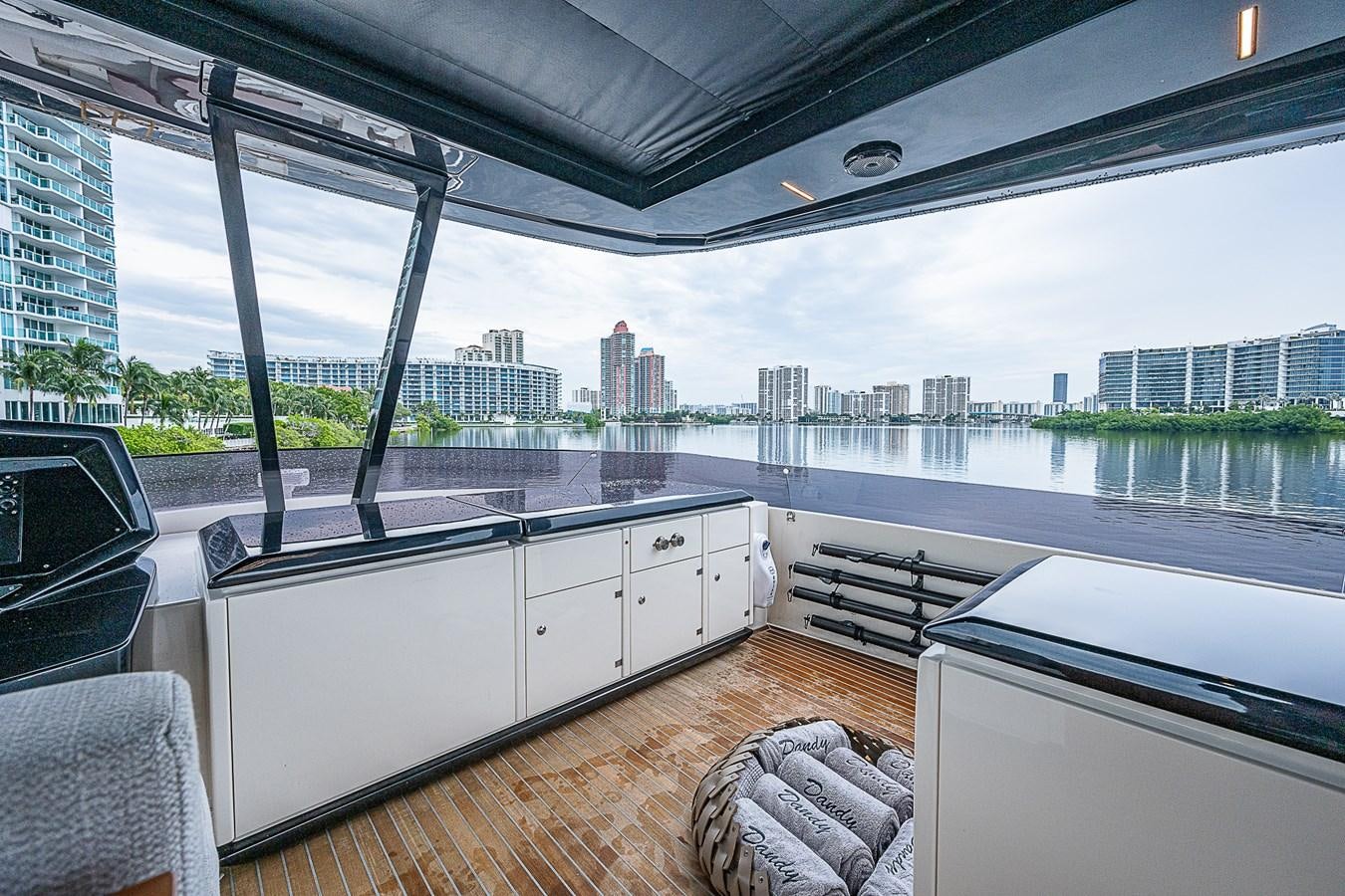 a room with a view of a city and a large window aboard DANDY 2021 FERRETTI 850 @ AVENTURA Yacht for Sale