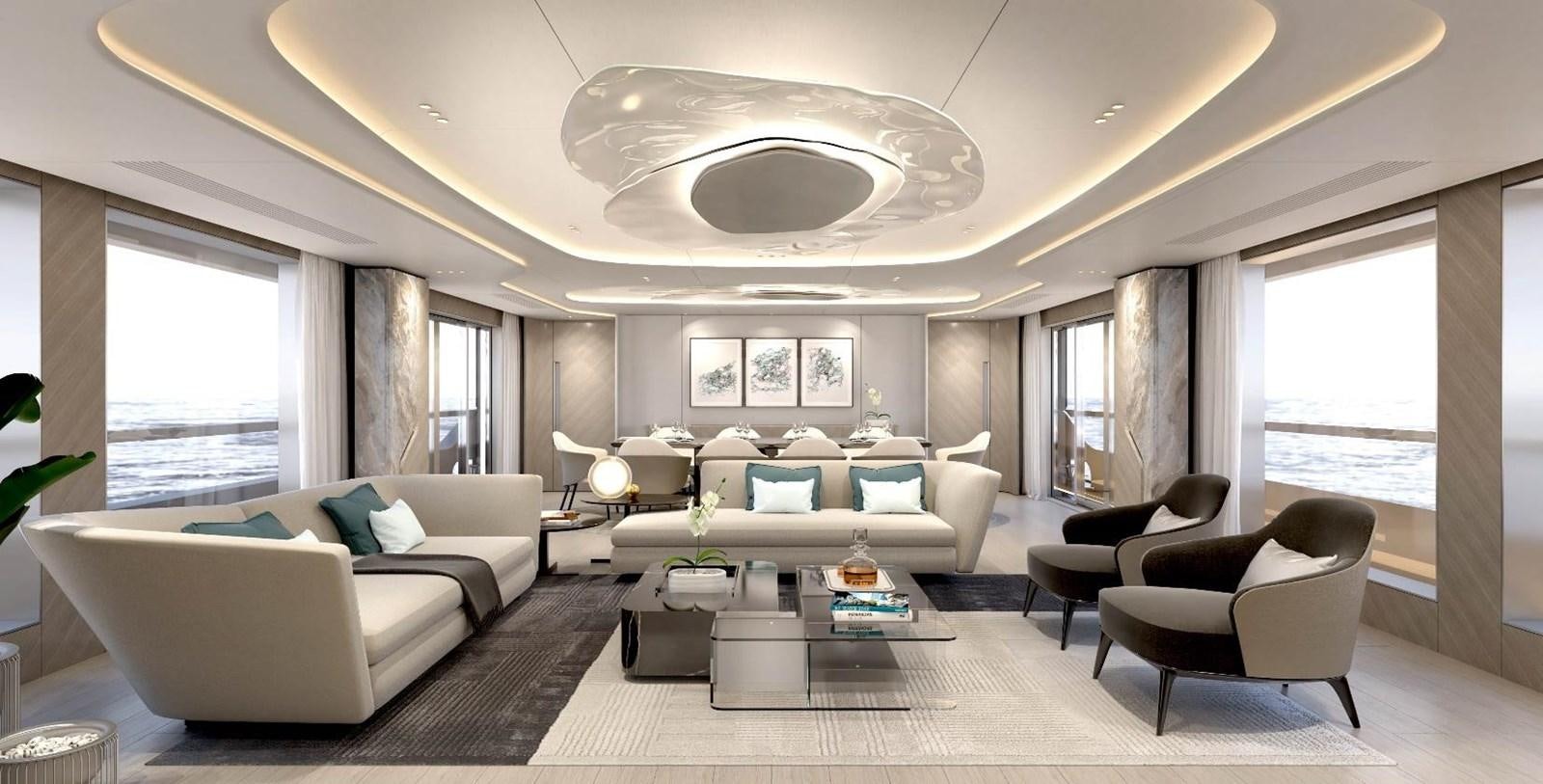 a living room with a large chandelier aboard VIRTUS 47M NB 115 Yacht for Sale