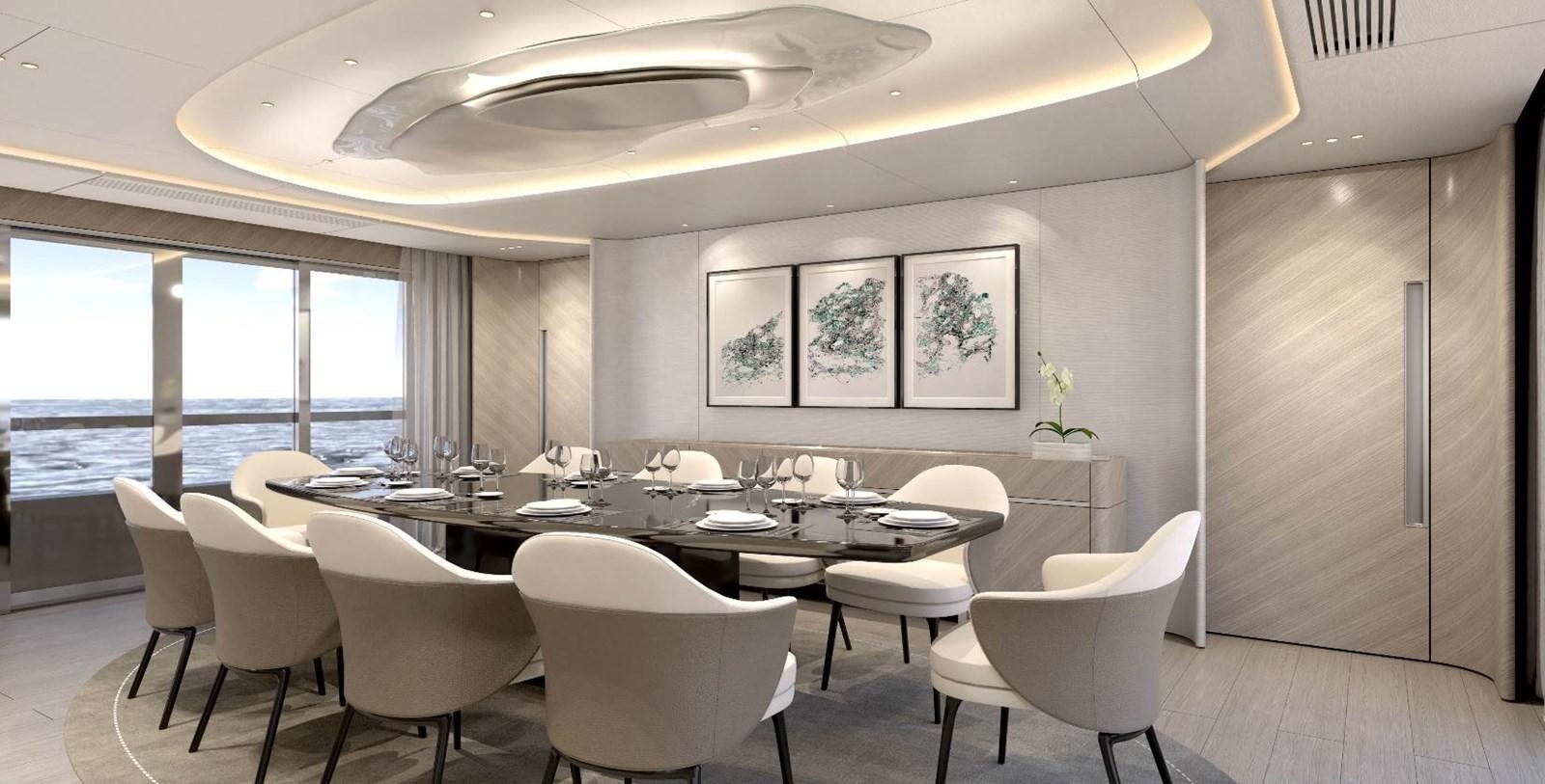 a room with a table and chairs aboard VIRTUS 47M NB 115 Yacht for Sale