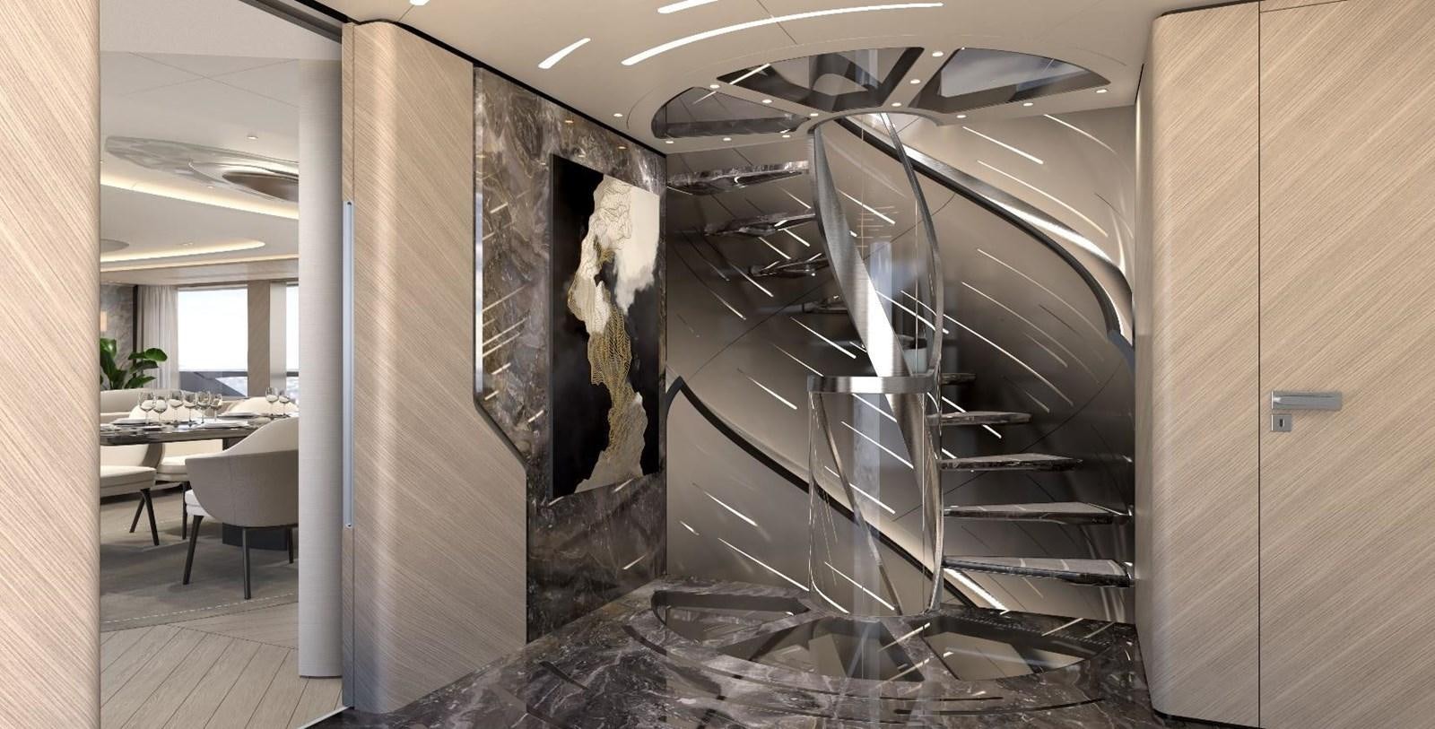 a room with a large wall aboard VIRTUS 47M NB 115 Yacht for Sale