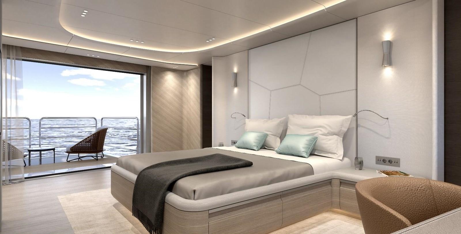 a room with a bed and a large window aboard VIRTUS 47M NB 115 Yacht for Sale