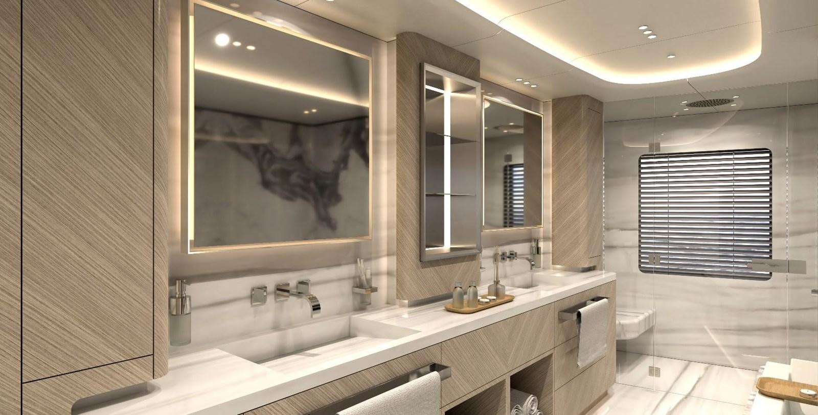 a bathroom with a large mirror aboard VIRTUS 47M NB 115 Yacht for Sale