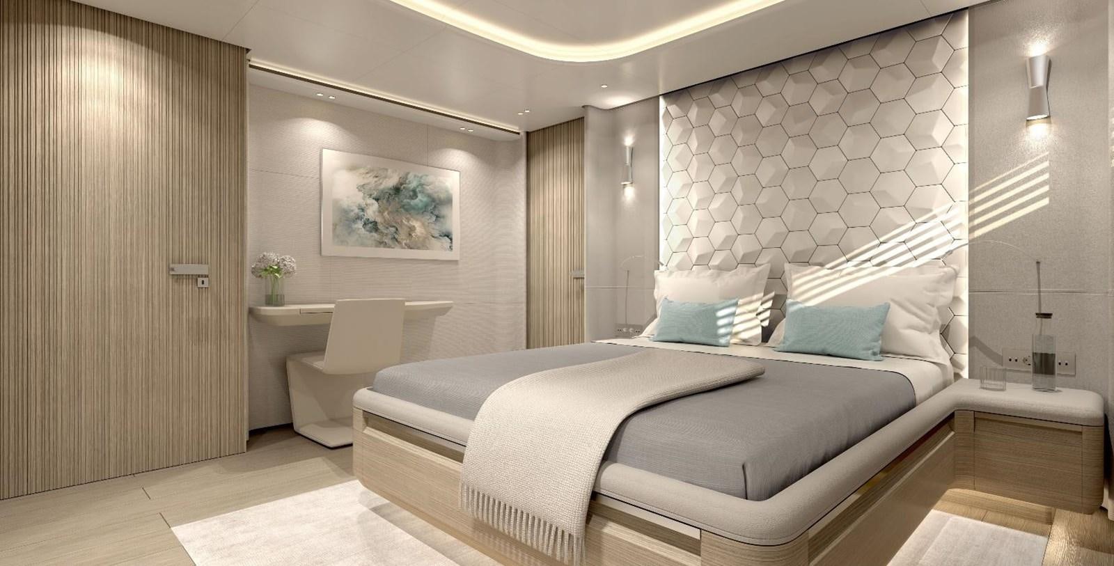 a room with a bed and a chair aboard VIRTUS 47M NB 115 Yacht for Sale